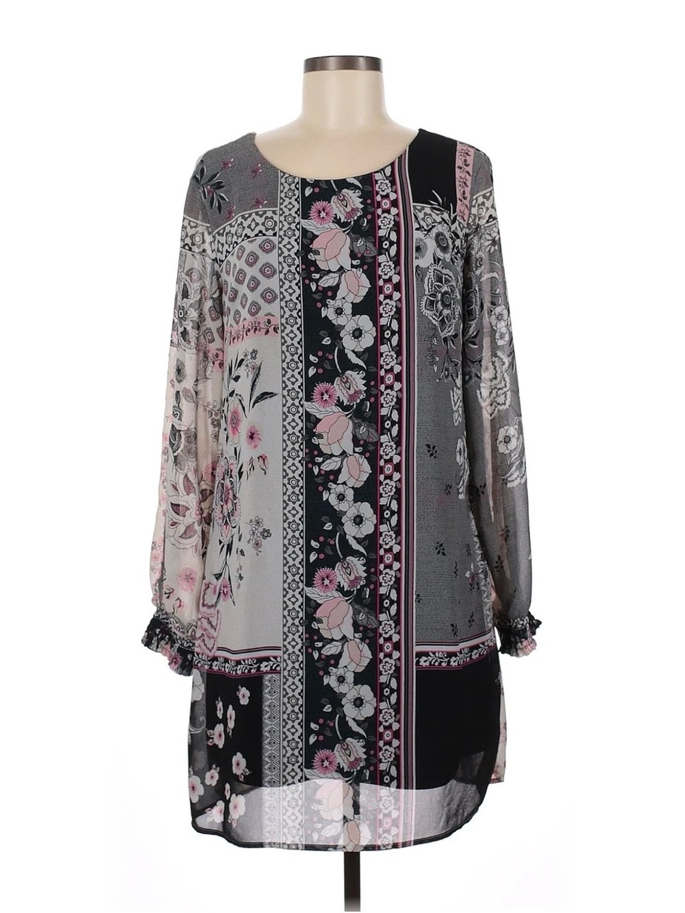 Maurices Black Pink Floral Patchwork Shift Dress Slit Long Sleeve Lined Size M